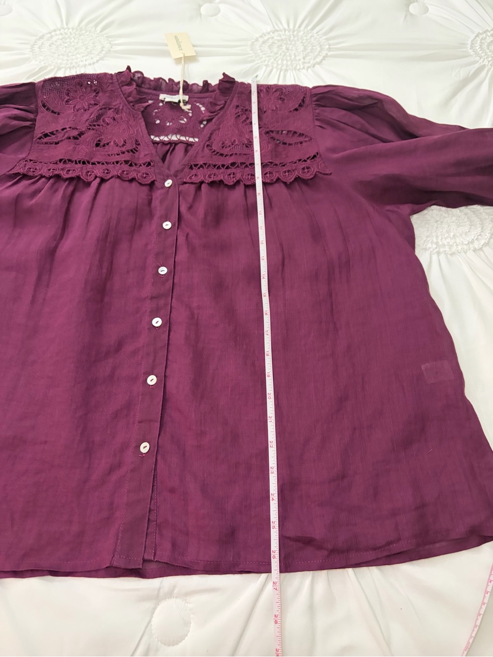 NWT Sundance Plum Embroidered Lace Puff Sleeve Ramie Button Down Bohemian Top XL - Picture 12 of 16